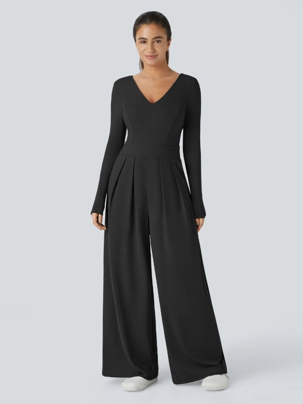 Halara Women's XL Black V Neck Long Sleeve Pocket Wide Leg Casual Jumpsuit